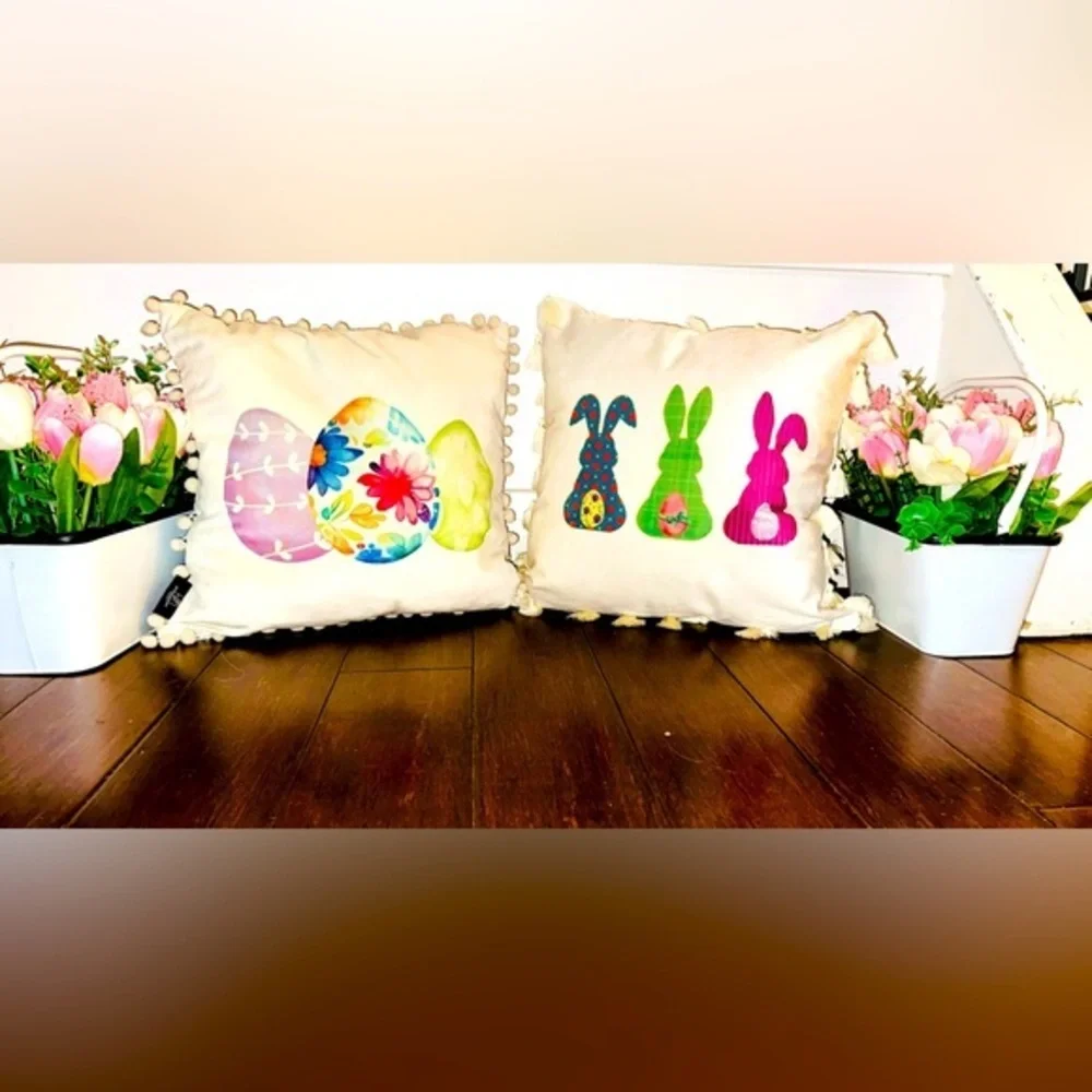Easter Pillows Covers(only)from ThePillowPaddock 18x18 Pom Pom & fringed velour.